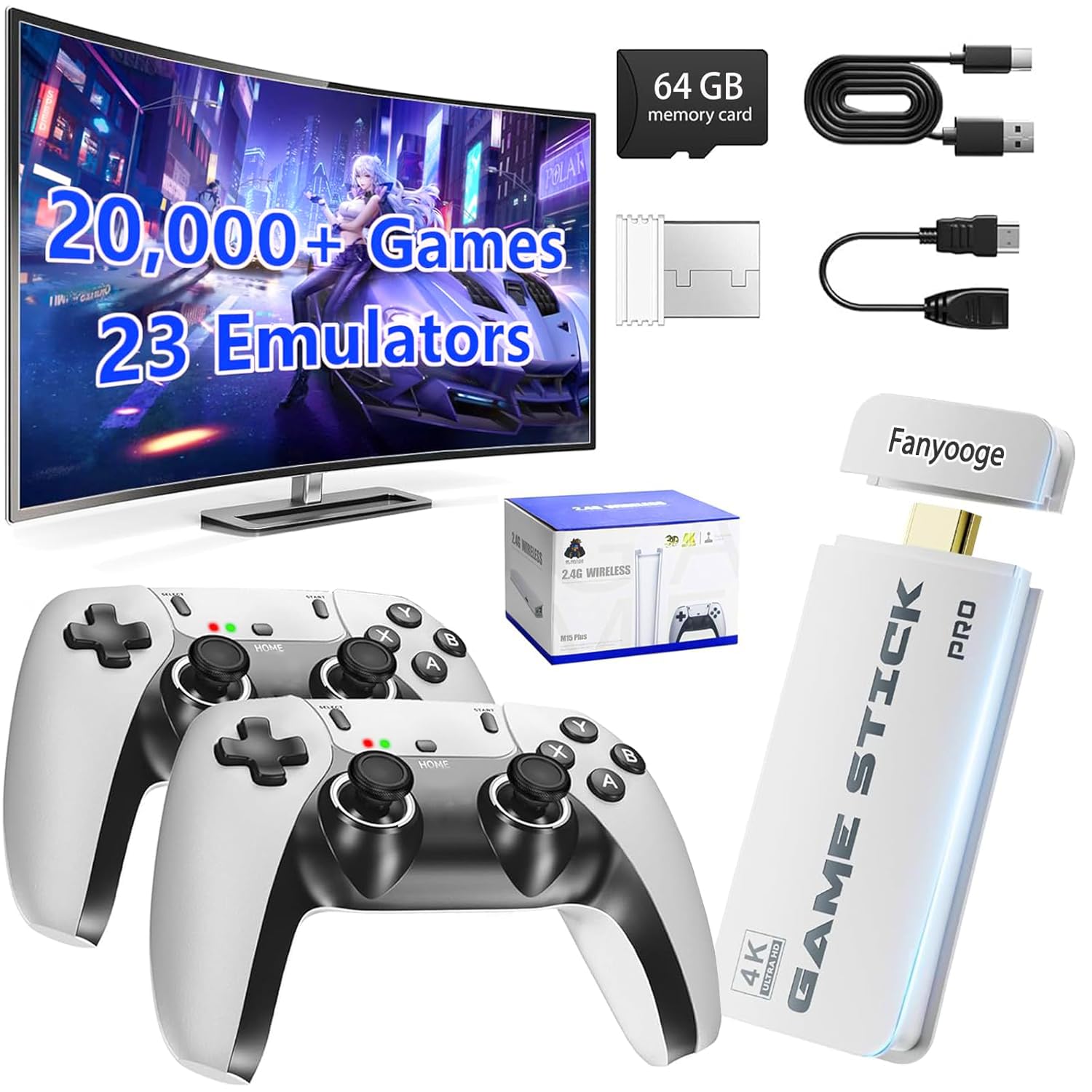 2026 Retro Gaming Console Stick, 20,000+ Classic Games with 23 Emulators, Plug-and-Play 4K HDMI with Dual 2.4G Controllers (64GB) | Turbo Console Gaming Console